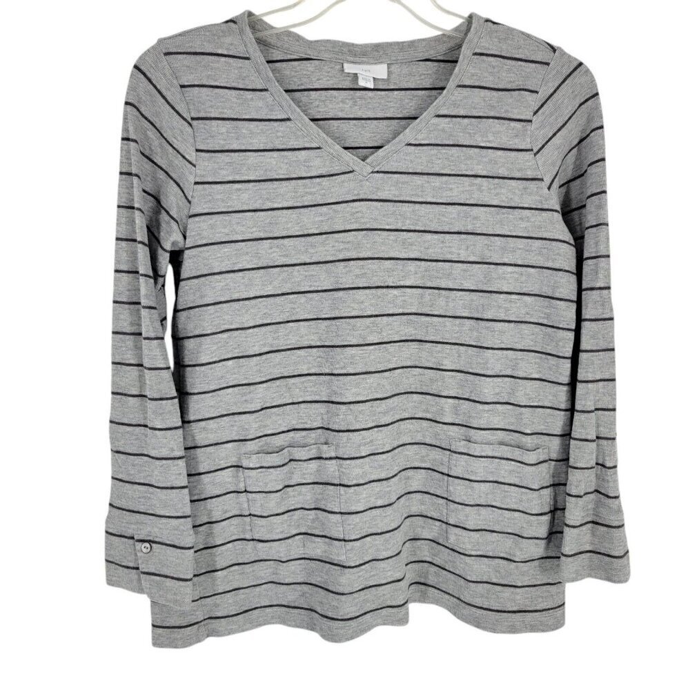 J. Jill Gray Black Striped Tunic Patch Pocket Ribbed Long Sleeve Medium